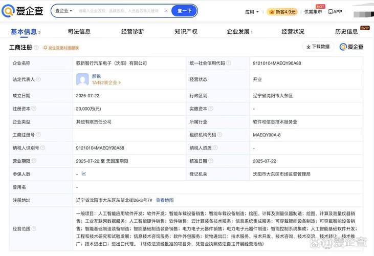 人为郝锐,注册资本2亿元人民币,经营范围包括人工智能应用软件开发